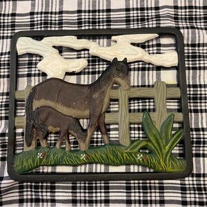 Vintage Large Hand Panted Cast Iron Horse Foal Fenced Pasture Trivet Hot Plate